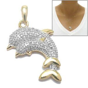 EXTRAORDINARY 14K GOLD OVER SILVER MOTHER BABY DOLPHIN PENDANT 0.15 CT DIAMOND